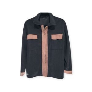 Black Button Down Shirt with Faux Suede Pink Trim